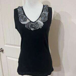 Susan Lawrence Black V-Neck Tank with Silver Rose Detailing
